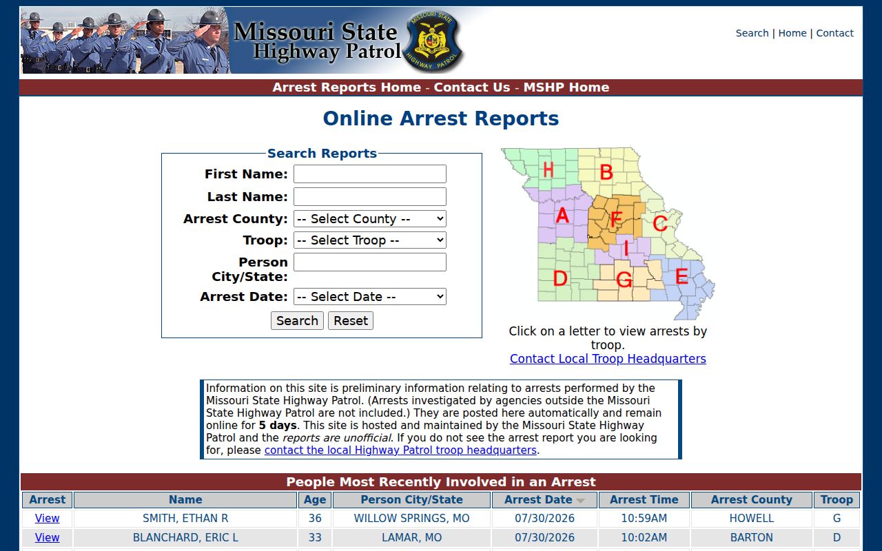 Laclede County arrest lookup in the MSHP five-day arrest search