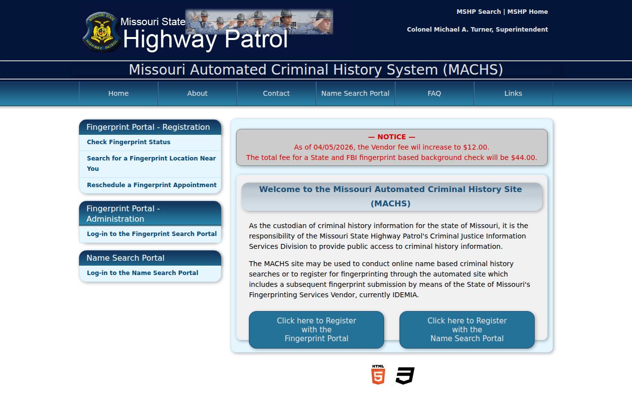 Laclede County criminal history options on the MACHS portal